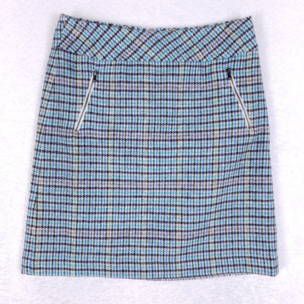 Talbots Wool Blend Skirt Womens 2 Houndstooth Blue Plaid‎ Pencil Career Mini